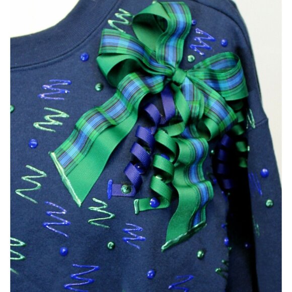 Hand Decorated Navy Sweatshirt Plaid 3D Bow Painted Design Women L Platinum Swea - Picture 2 of 7